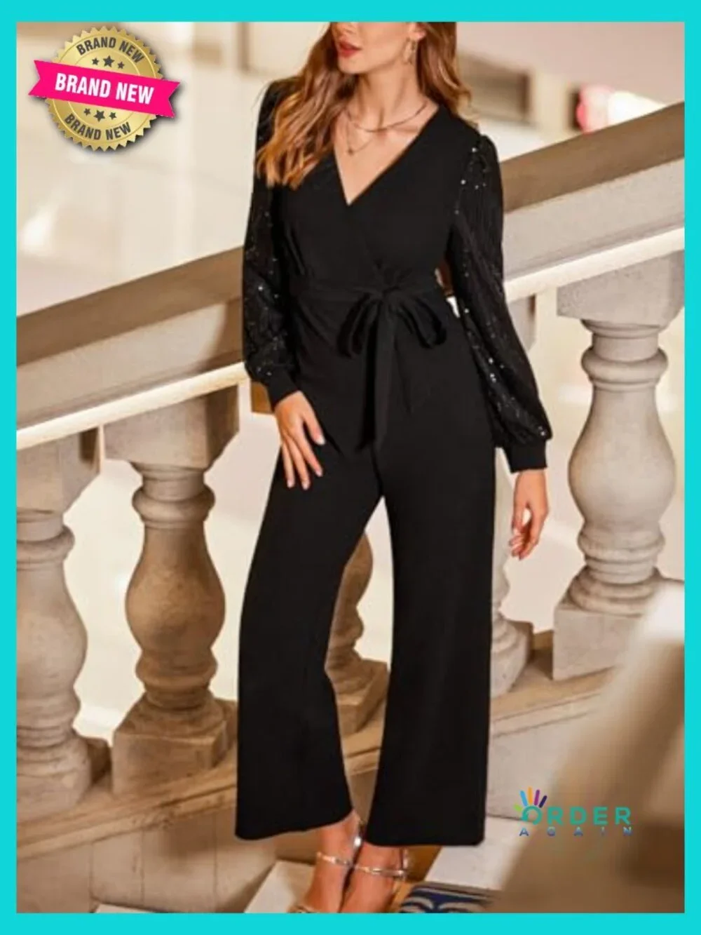 Dressy Long Sleeve Sequin Jumpsuit Sparkly Night Out V Neck Belted One Piece